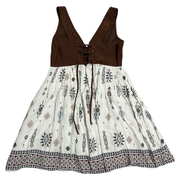 Shyanne Brown Suede Bodice Aztec Print Dress Women’s M Boho Western Cowgirl - Picture 2 of 8